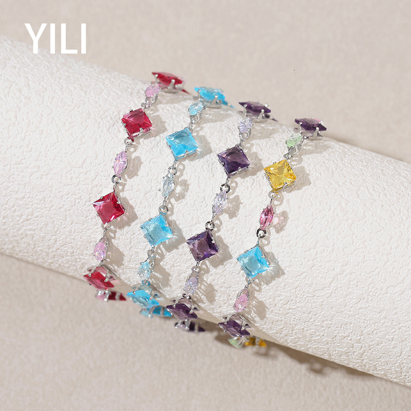 New Square Zircon Bracelet, Luxurious Elegant Piece A Regal Style, Versatile Stainless Steel Bracelet With Colorful Accents, Popular In Europe And A