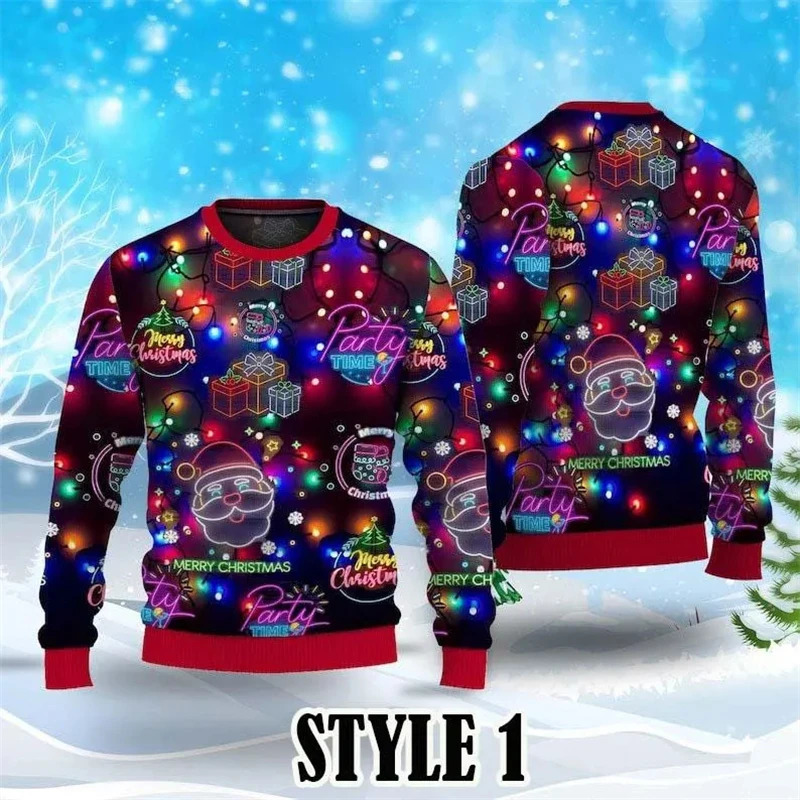 Neon Lights Ugly Christmas Sweater For Men Fashion Colorful Santa Xmas Tree Graphic Sweatshirt Casual Oversized Kids Tracksuit 261016