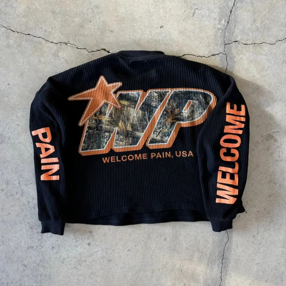 Y2K Black Waffle Knit Long Sleeved T Shirt Men Women Harajuku Retro Graphic Print Oversized Tops Gothic Pullover Autumn Clothes 261013