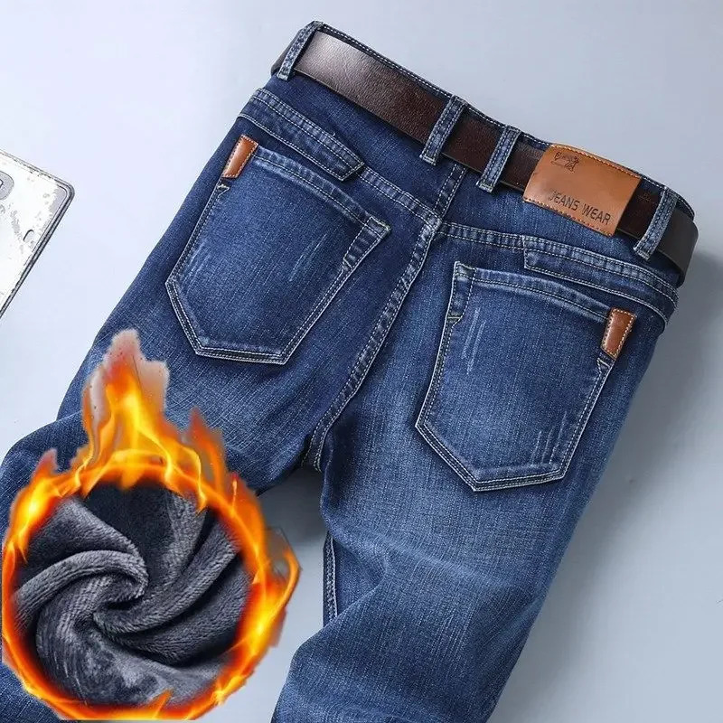 2026 Fashion Casual Versatile Business Jeans Warm and Cold Resistant Black Blue Denim Pants Winter Mens Large Plush Thick 261016
