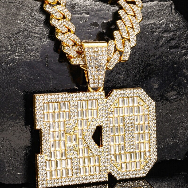 European American cross-border KO letter fashionable rock and hip-hop style, trendy Cuban link chain pendant, 925 Sterling Silverwith cubic zirconia
