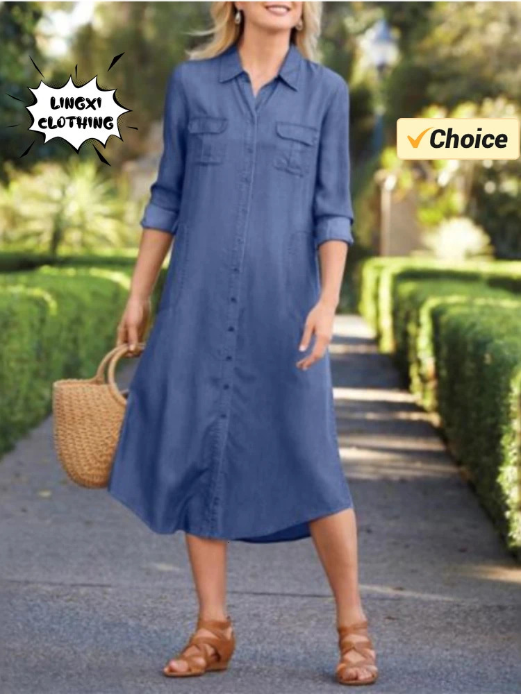 2024 Summer Fashion Water Washed Denim Dress Flip Collar Pocket Vintage Street Style Elegant Women's Mid Length 261015