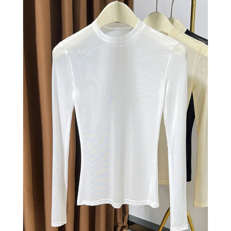 Women's Summer Sheer Sun Protection Tops Solid Color All-Match Long Sleeve Basic T-Shirt Casual Thin Mesh O-Neck Base Tees 261015