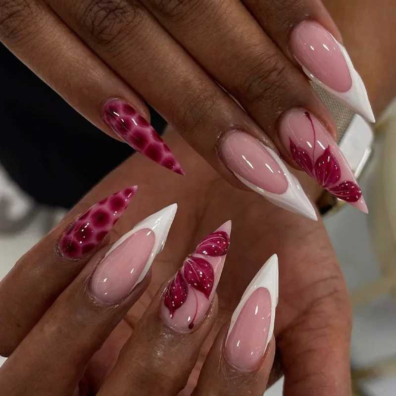 False Nails 24pcs Long Stiletto Press on Nails Sets White French False Nail with Flower Design Full Cover Nail Tips Pink Almond Fake Nails Q261017
