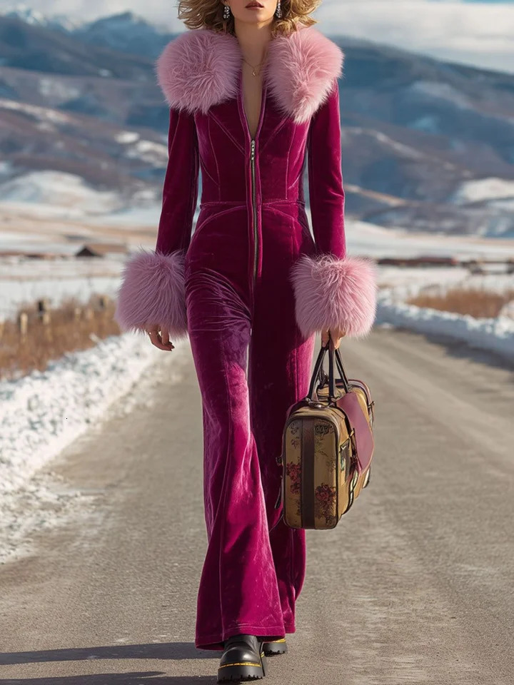 American Retro Spice Girl Style Velvet Jumpsuit Plush Large Lapel Waist-Cinching and Slimming Wide-Leg Pants Winter Style 261016