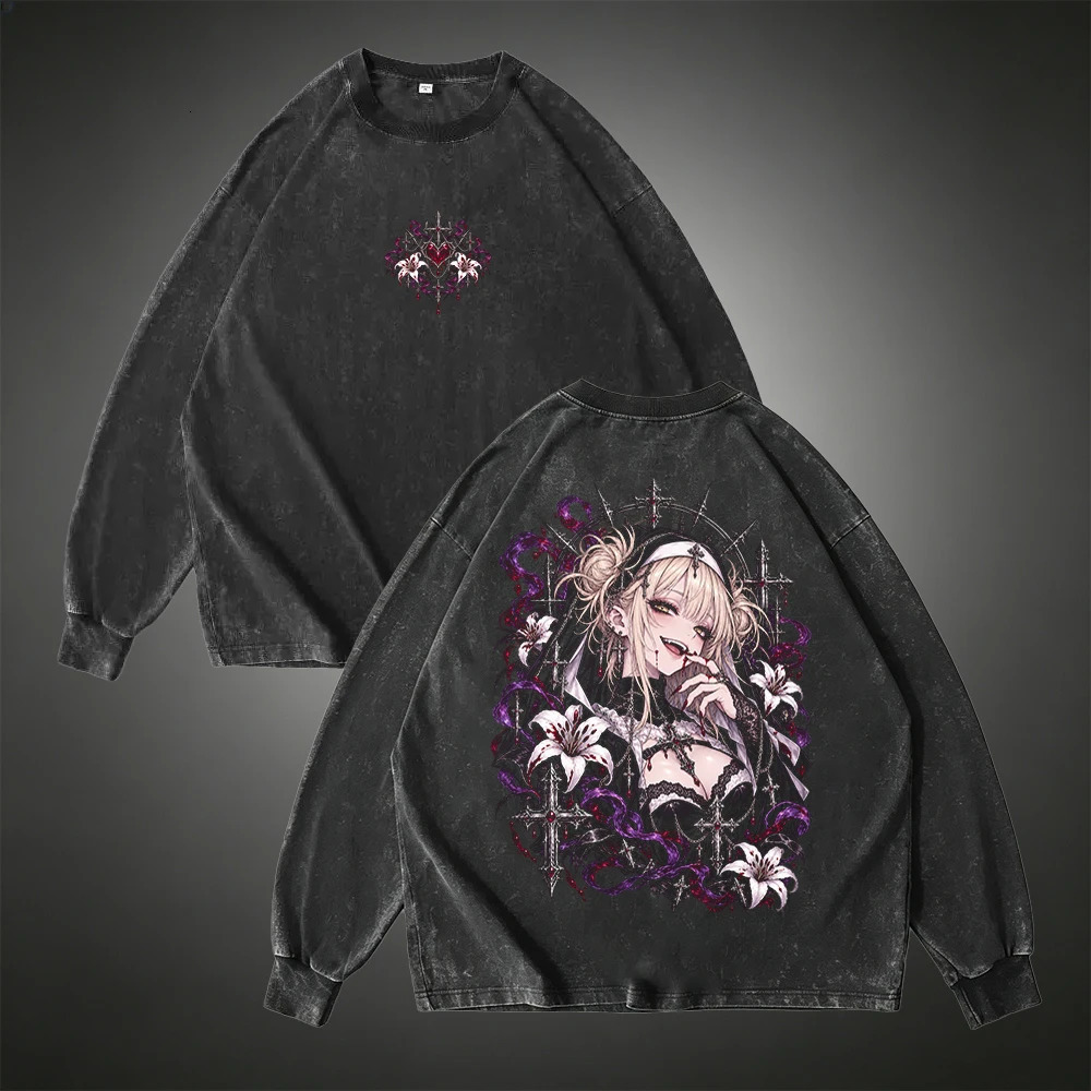 Vintage Washed Toga Himiko Anime Graphic Long Sleeve T Shirt Men Women Oversized Gothic Y2k Streetwear Full Cotton Soft Tee Top 261014