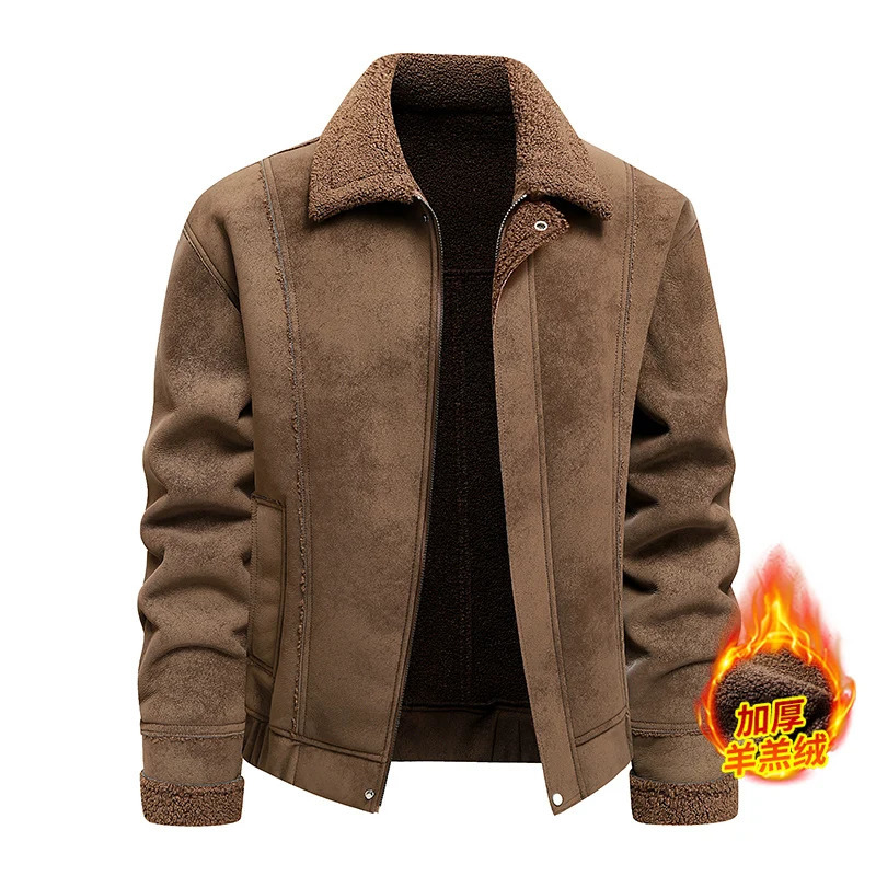 Men Autumn Winter Suede Faux Leather Jacket Fleece Lined Turn Down Collar Fur Integrated Outerwear Loose Plus Size Coats 261013