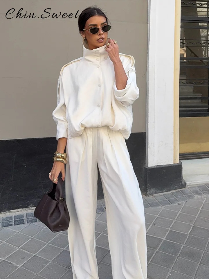 Casual Women's White Jacket Pants Set Loose Stand Collar Full Sleeve Single Breasted Jackets Wide Leg Pant 2026 Spring Suit 261015