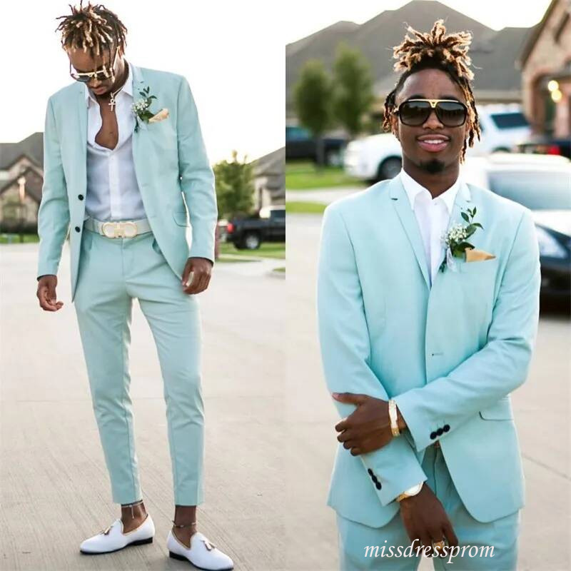 Mint Green Mens Suits Slim Fit Two Pieces Beach Groomsmen Wedding Tuxedos For Men Peaked Lapel Formal Prom Suit (Jacket+Pants)