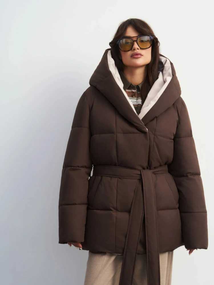 Women's Down Parkas Women Hooded Puffer Coat With Self Tie Belt Mid Length Thick Warm Winter Cotton Jacket 2026 Contrast Liner Casual Outerwear