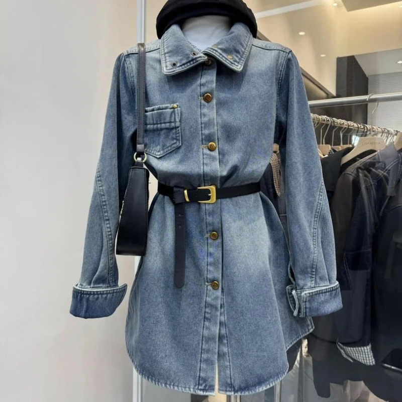 trendy Women's LongSleeve Denim Dress Stylish ButtonDown Irregular Hem n Retro Elegant Casual Daily Dresses For Woman 261015