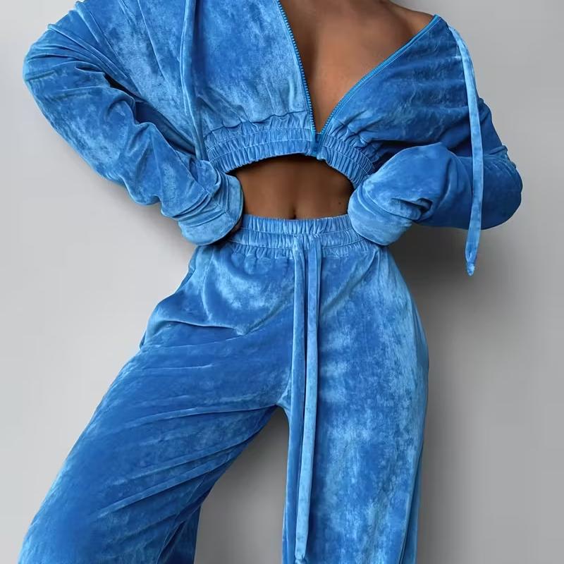 Ensemble deux pièces en velours pour femmes, haut à manches longues, pantalon décontracté, couleur unie, survêtement, tenue d'hiver, mode de banl
