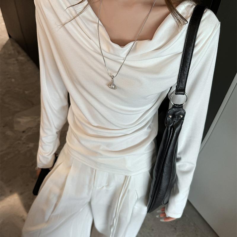 Designer Women Long Sleeve T-Shirt Scarf Neck Solid Color Viscose Blend Casual Commuter Pullover Top Fall Winter Basic Tee