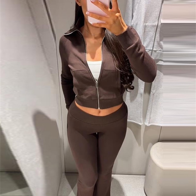 Casual Solid Coats Pant Set Women Full Sleeve Zipper Lapel Jackets Long Slim Trousers Sets Female 2026 Chic Autumn Lady Suits 261016