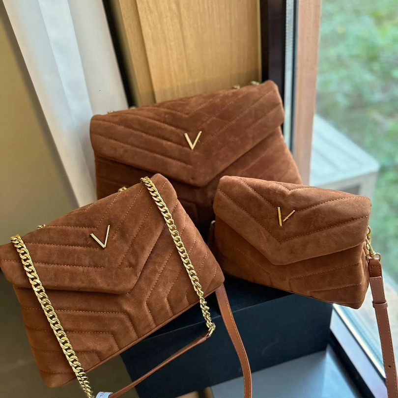 Women Luxury Designer Brown Quilted Suede Flap Shoulder Crossbody Bag Metal Chain Multiple Sizes Available Retro Fashion Purse Ins Blogger Hot Girl