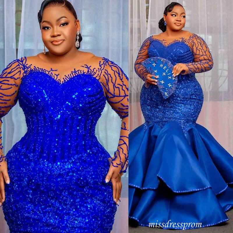 Plus Size Royal Blue Prom Dress Robe De Sorrie Evening Dresses Sheer Neck Crystals Tiers Tulle Beaded Lace Crystal Birthday Second Reception Gown Am