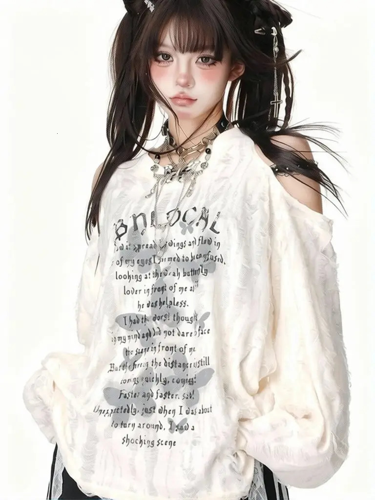 Japanese Vintage Off Shoulder T Shirt Women Ripped Hole Long Sleeve Oversized T Shirt Y2k Butterfly Graphic Basic Tees Loose 261015