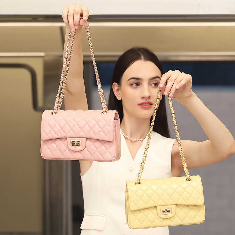 New women's bag with diamond grid chain toe cover layer, cowhide small fragrant style, light luxury, high-end feeling, single shoulder crossbod