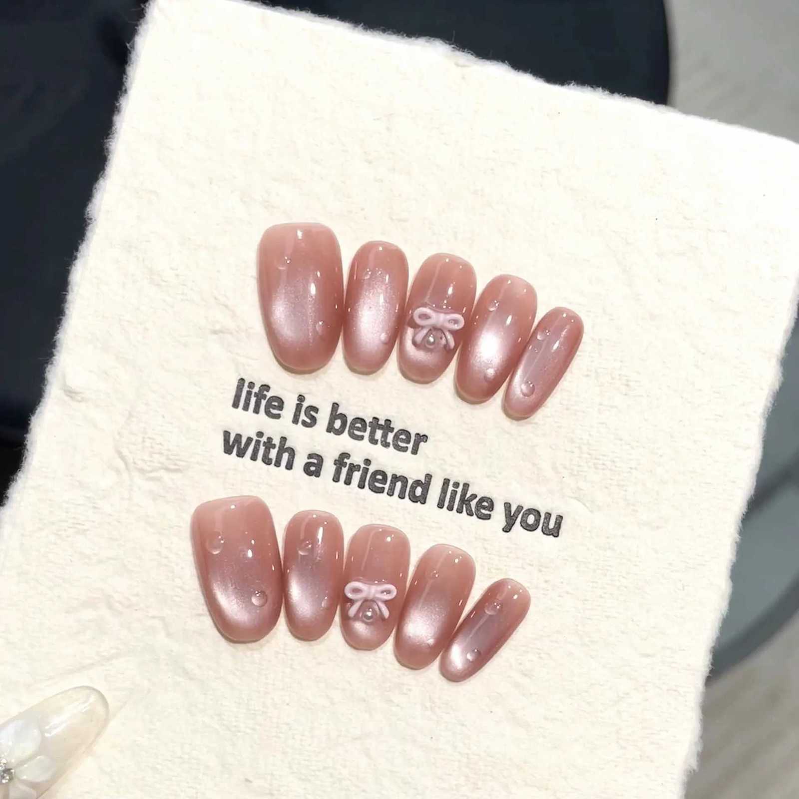 False Nails Handmade Press on Nails Cute Bow Decor Gentle Fake Nails Wearable Glass Beads Cat's Eye Gradient Blush Short Almond False Nails Q26