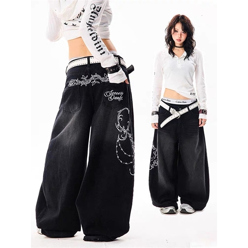 YIBASHU Women Vintage Embroidery Y2K Baggy Jeans Female High Waist 2000s Wide Leg Denim Pants American Retro Harajuku Trouser 260930