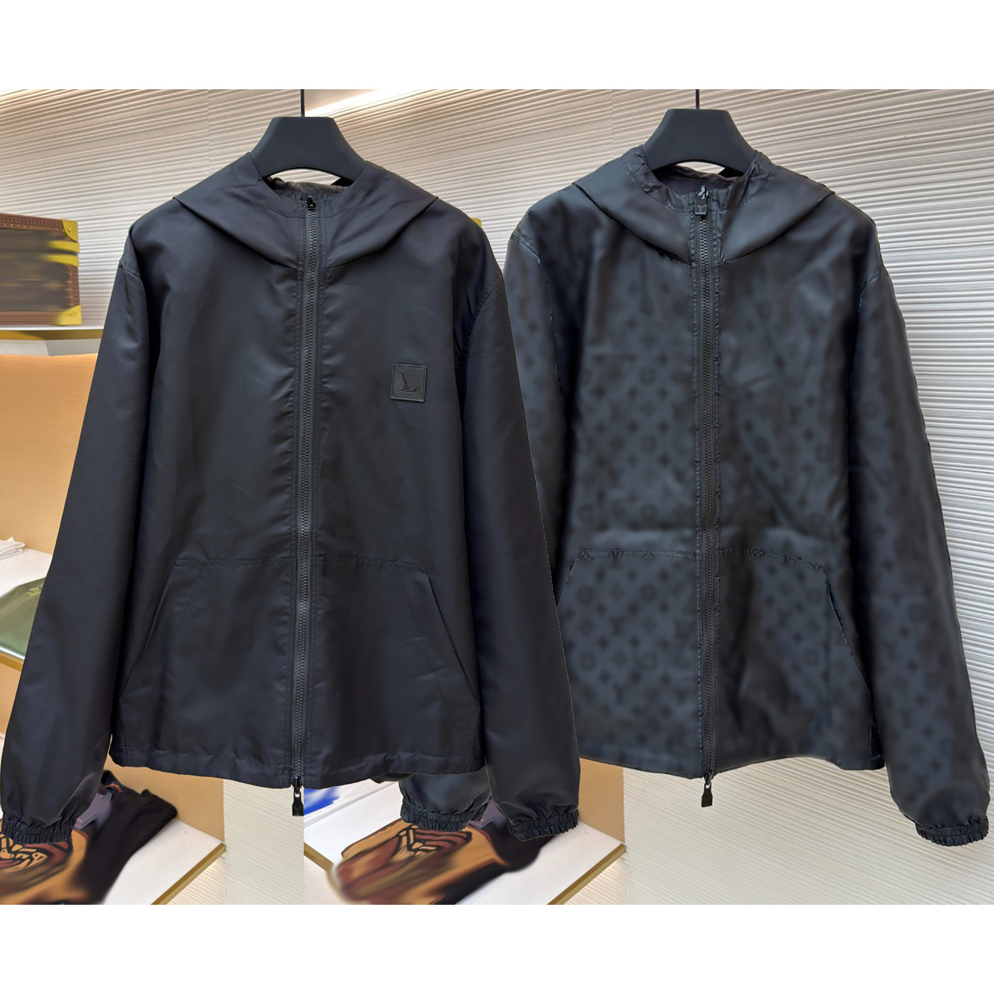 Luxury Designer Unisex Hooded Reversible Jacket, Monogram Allover Jacquard Nylon Loose Fit Zip Up Casual Outerwear Coat 42w5