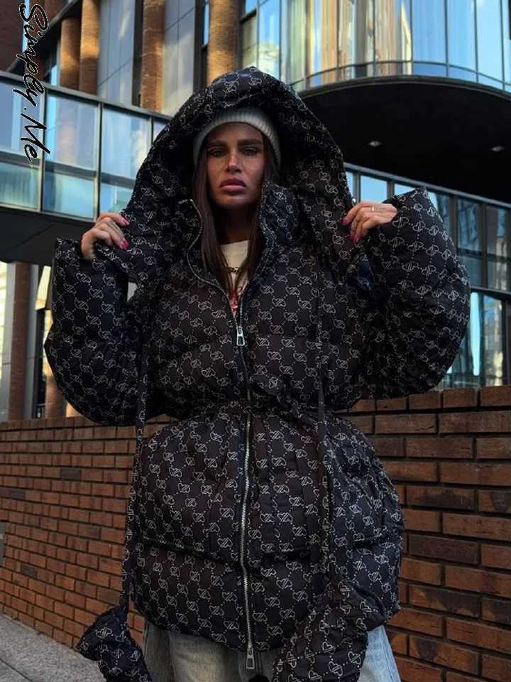 Women's Down Parkas Women Hooded Quilted Puffer Coat Pink All Over Print Belted Waist Zip Up Loose Warm Winter Coats 2026 Casual Chic Street Ou