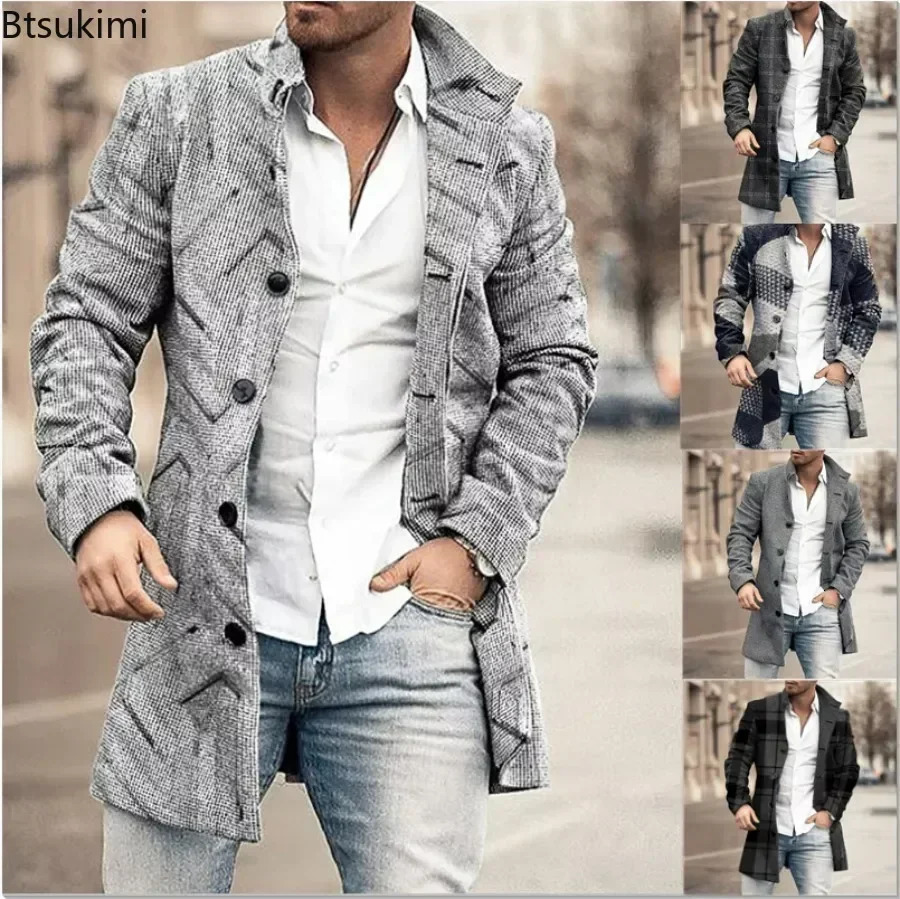 2026 Men's Casual Wool Blends Jacket Plaid Print Long Sleeve Buttoned Jackets Coats Tops Male Warm Outerwear Long Coats Men 4XL 261015