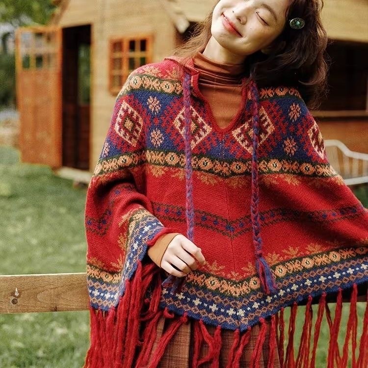Ethnic Style Spring And Autumn Retro Embroidered Tassel Warm Scarf Loose Knitted Shawl Women's Casual Cape Top Wholesale High-Quality