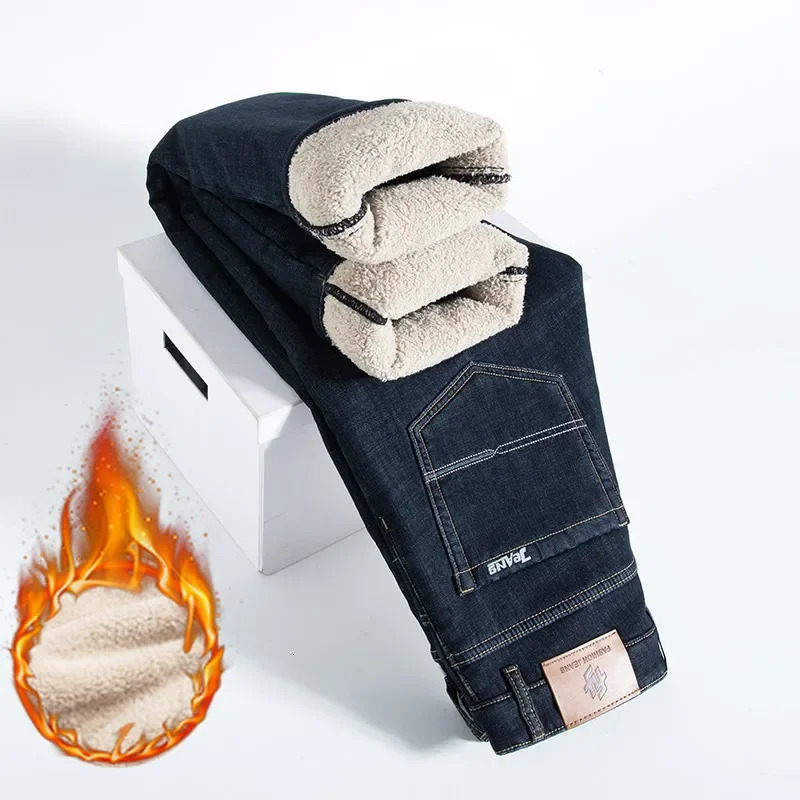 Thick Winter Mens Fleece Jeans Casual Straight Comfortable Cotton Warm Plush Black Gray Elastic Denim Trousers Male 261016