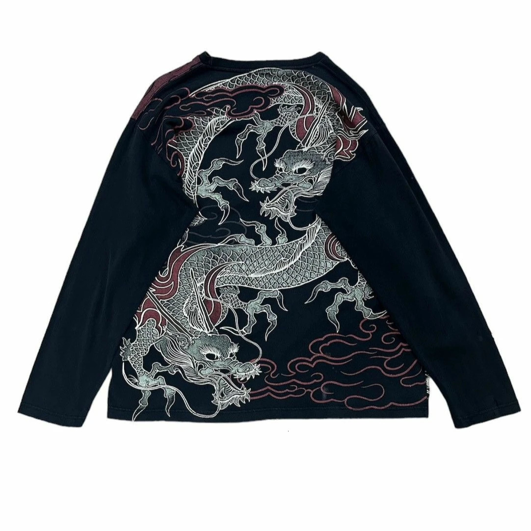 Streetwear Waffle Long Sleeve Men Women Autumn Clothing Harajuku Retro Dragon Graphic Print Long Sleeve Goth Black T Shirt Tops 261013