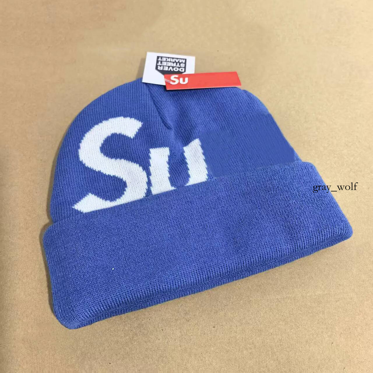 Sup Luxurys Designers Red Box Patch Fisherman Beanie Men Women Navy Blue Flag Embroidery Smooth Knit Hat Cuff Skull Caps Hip Hop Bonnet Headwear Who