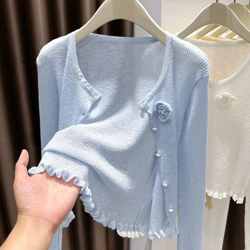 2026 Spring Summer Women O-neck Long Sleeve Knitted Cardigans 3D Flower Decoration Ruffles Single Breasted Solid Cardigans Tops 261015