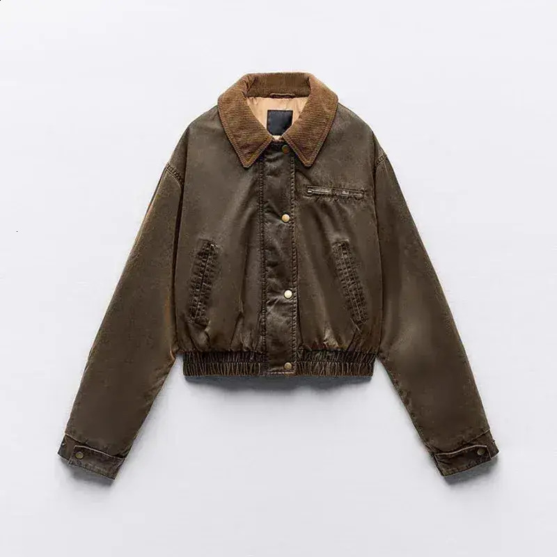 Women Short Jacket Spring/Autumn Collar Fashion Botton Decorative PU Street Coat Retro Artificial Leather Short casual Sleeve Jacket Ladies Cropped