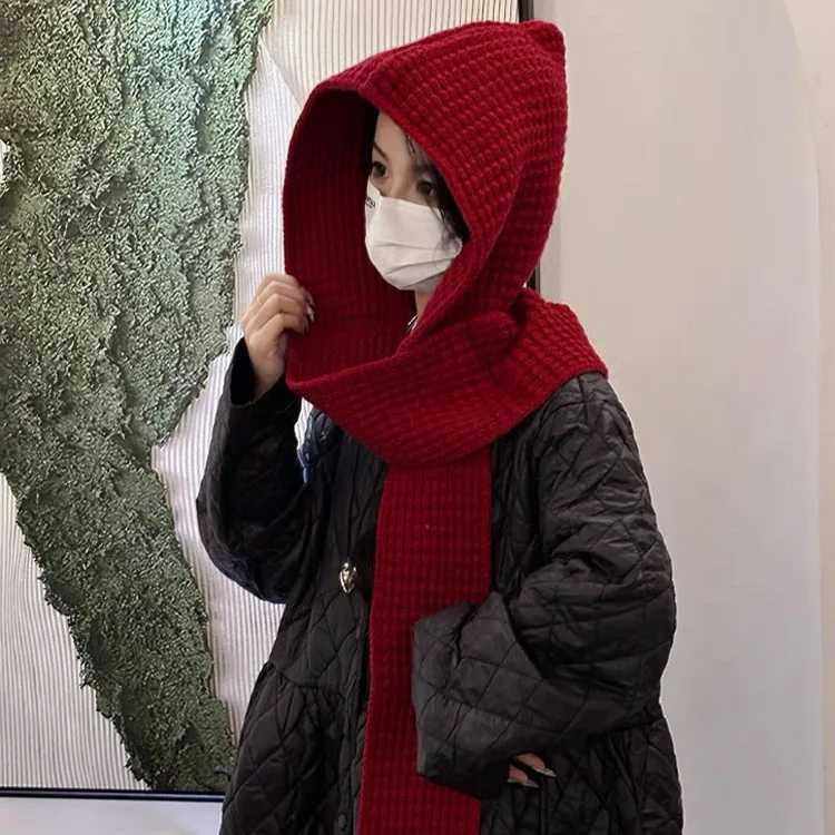 Beanie/Skull Caps Hat and scarf integrated new outer wear autumn and winter women's knitted hooded dual-purpose warm versatile wool shawl scarf