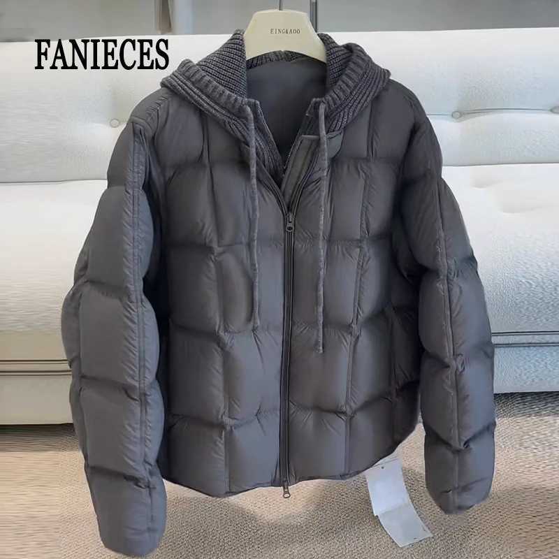 Women's Down Parkas Newest Winter Down Puffer Jacket Women Knit Hooded Thick Warm Oversized Quilted Padded Coat Casual Loose Outwear T261017