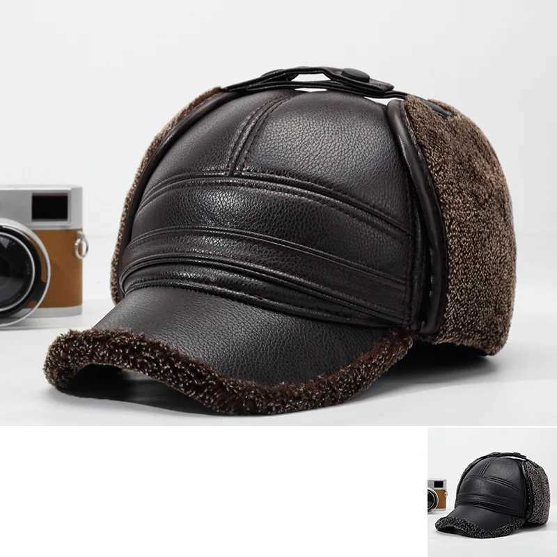 Trapper Hats 2026New PU Leather Winter Men's New Padded Warm Dad Old Man Leather Cap Middle-aged Windproof Ear Protection Duck Tongue CapT26101