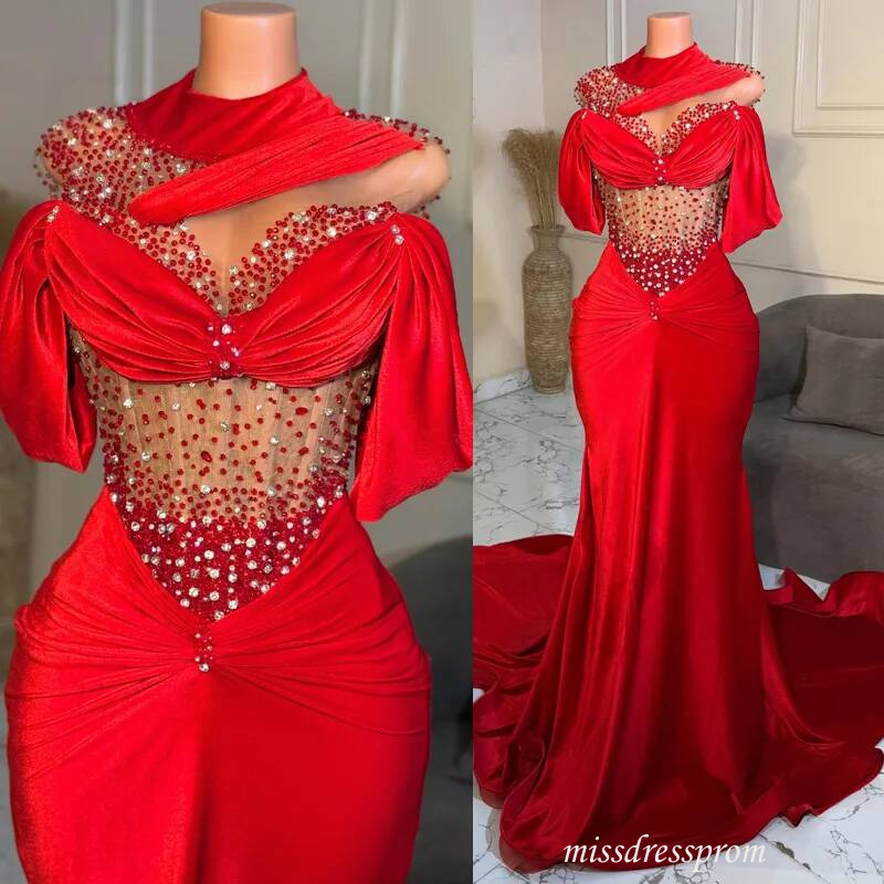 Aso Ebi Red Mermaid Prom Dress 2027 Evening Dresses Velvet High Neck Illusion Crystal Beaded Sequined Lace Formal For Nigeria Black Women Birthday G