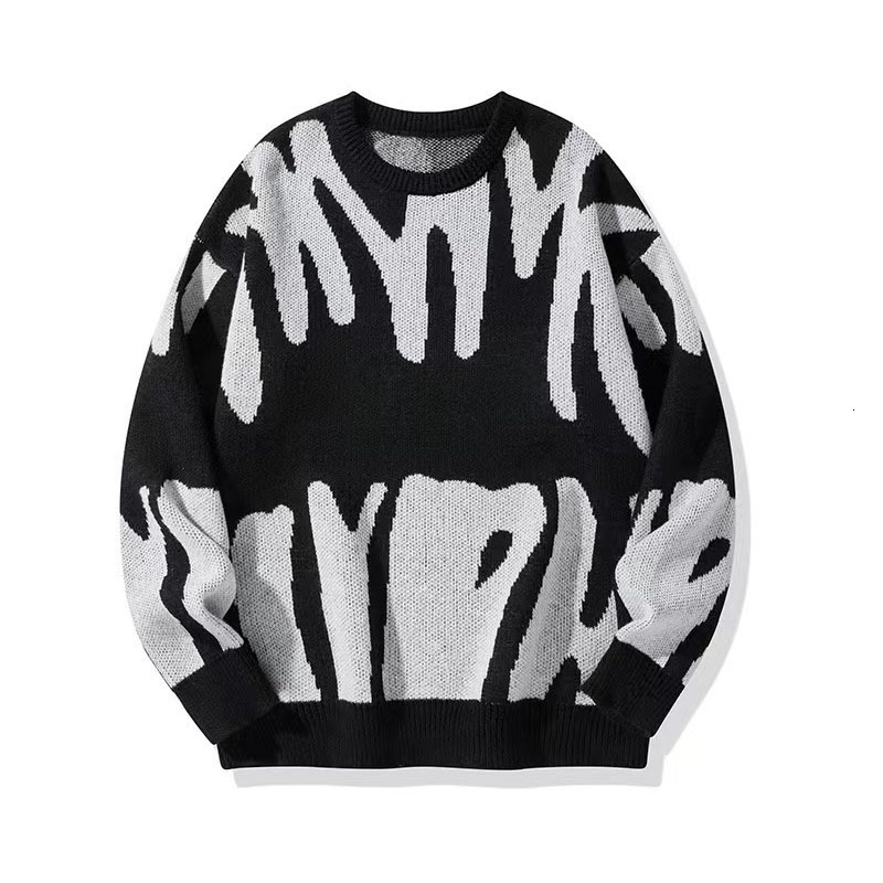 New Trendy Autumn Winter Men's Version Personality Round Neck Jacquard Sweater Youth Black White Jacquard Plus Size Knitted Sweater