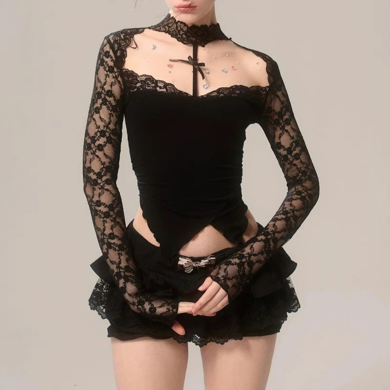 Sexy American Vintage Girl Black Spring Summer Gothic Punk Lace Neck Off Shoulder Long Sleeve Top Y2k Lrregular Slim T-shirt 261014