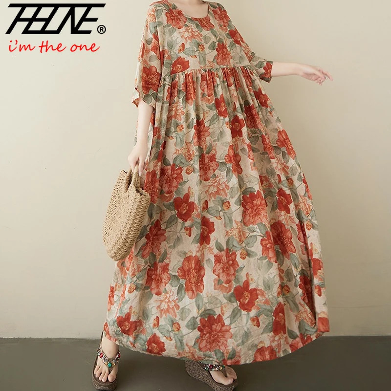 Plus Size Bohemian Print Maxi Long Dress for Women Floral Casual Cotton Linen Loose Vintage Vestidos Para Mujer Robe Dresses 261015