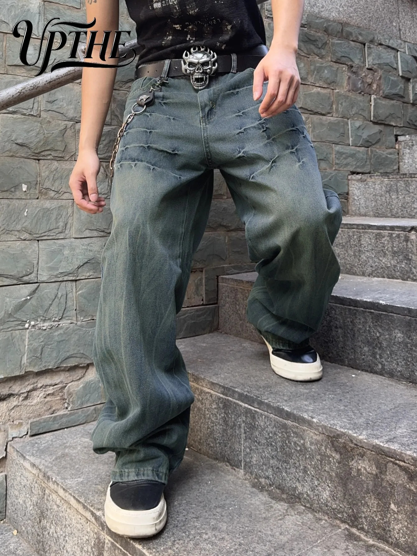 UPTHE Vintage Blue UP THE Baggy Wide Leg Jeans Y2K Retro Style with Whisker Scratches Hip Hop Street Casual Wear 261017