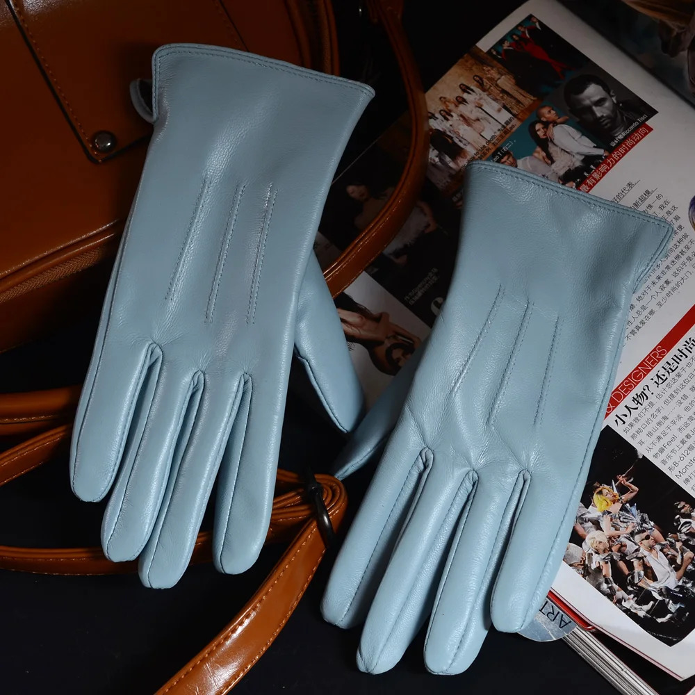 Womens Ladies 100% Leather Sheep Skin Elegant Winter Warm Thick Lining White Pink Colorful Cute Outdoor Short Gloves 261017