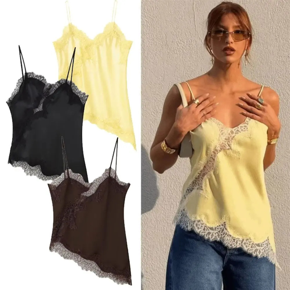 Elegant Asymmetrical Lace Patchwork Top Sexy Backless Tops V Neck Women tank top Summer Wear 261017