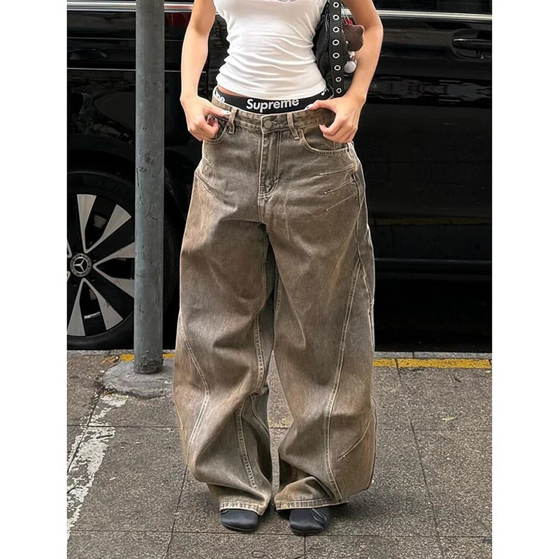 Y2k Women Brown Baggy Cargo Jeans Harajuku Vintage Wash Denim Trouser Aesthetic 90s Style Oversize Boyfriend Jeans Pants Autumn 261016