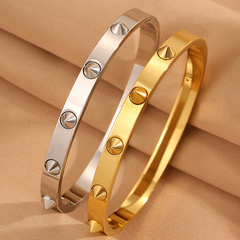 Personalized Design, Trendy Versatile Titanium Bracelet, Korean Style, Non-Fading, With Decorative Rivets, Featuring Wolf And A Beautiful Woman, Cro