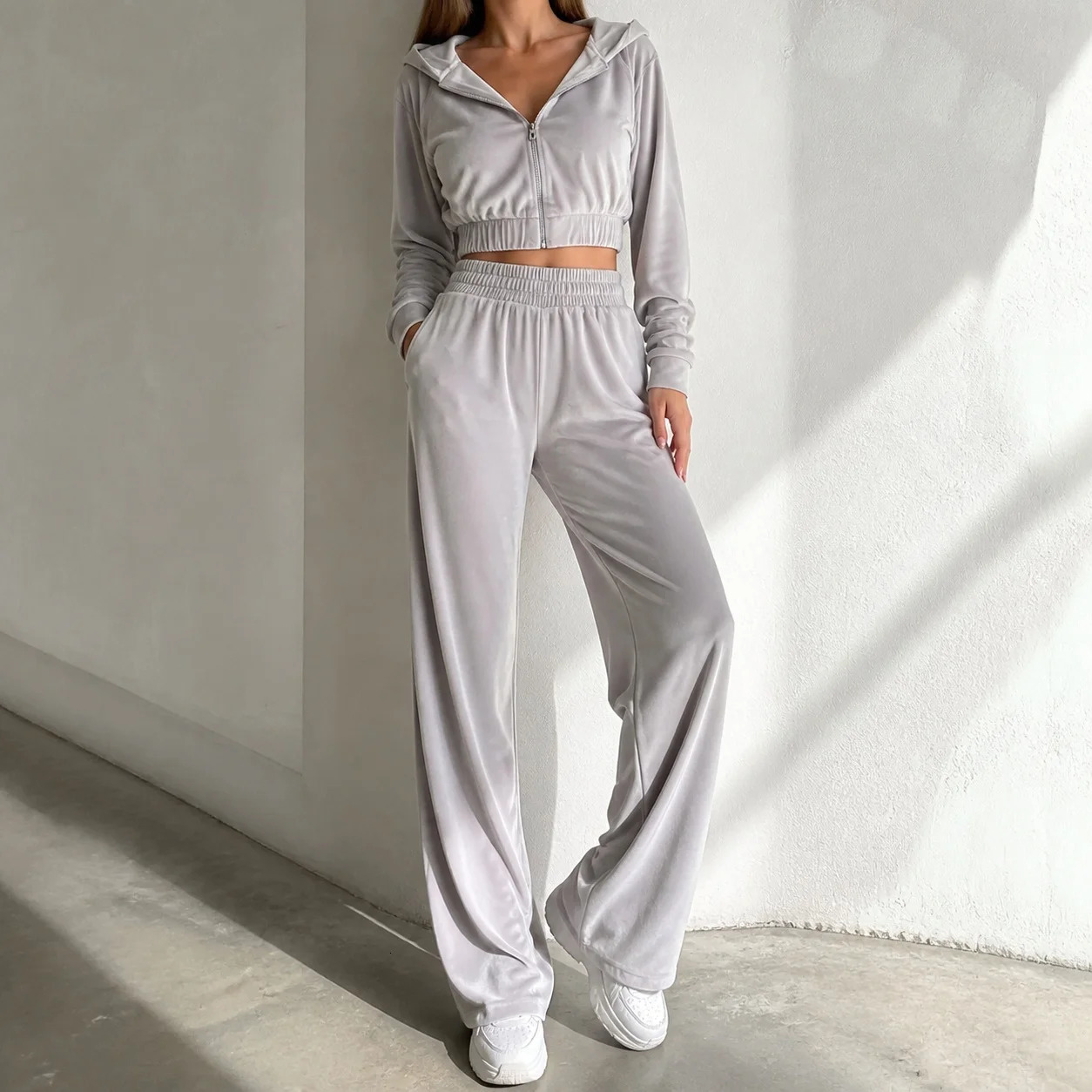 Women's Y2k Tracksuits Set Long Sleeve Solid Color Spliced Casual Stretch Hoodie Outfit Crop Top Wide Leg Pants Jacket Full Zip 261016
