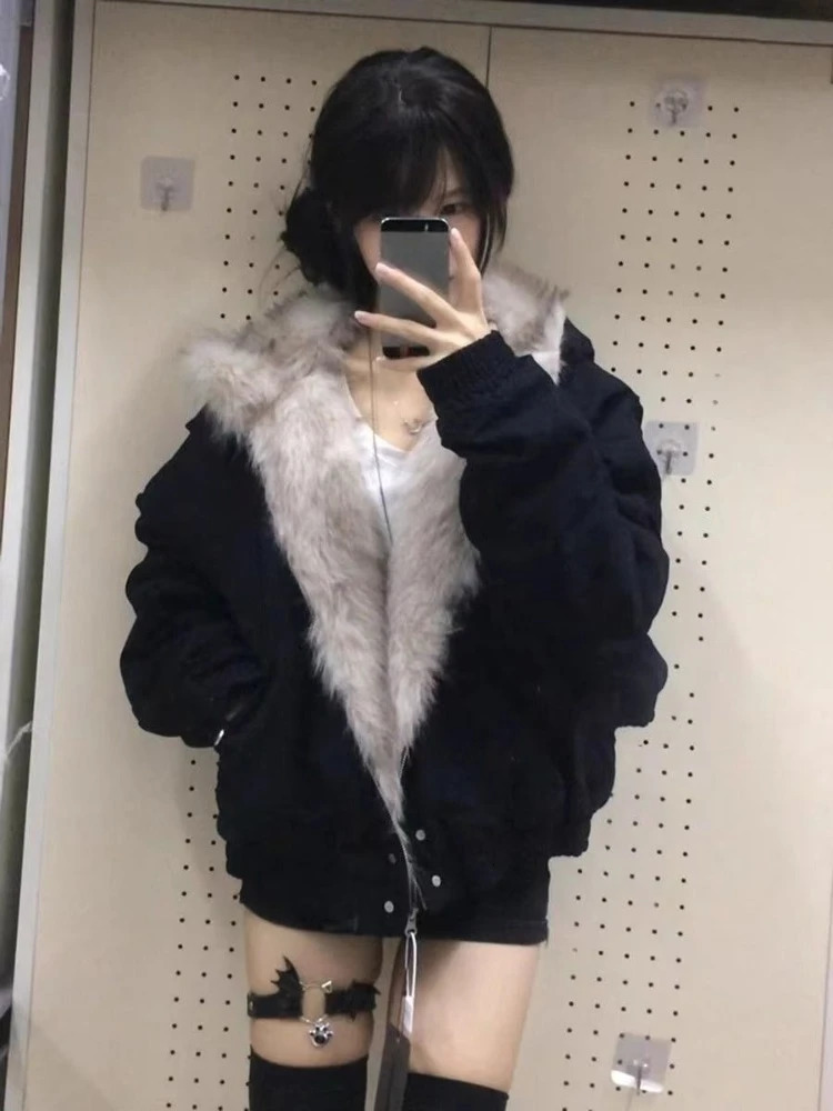 Winter Elegant Liner Fur Loose Coat Women Y2k Fur Collar Hood Thick Fashion Parkas Casual Outerwear Cotton Padded Jackets 261015
