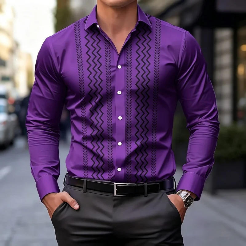 Mens Modern Ethnic Chevron Print Dress Shirt Long Sleeve Slim Fit Button Up Tops Casual Streetwear Business Blouses Unique Ge 261015
