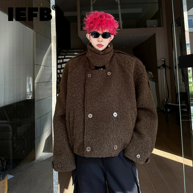 IEFB Double Breasted Men's Lamb Wool Jackets Turndown Collar Clothing Solid Color Korean Style Loose Male Coats Winter 9X1660 261012