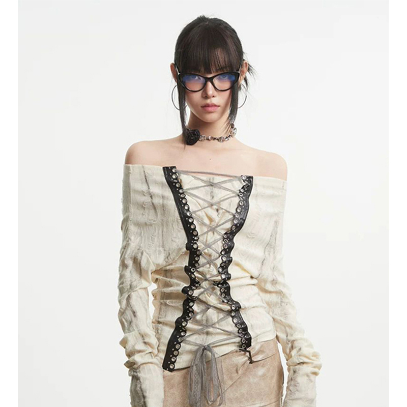 MEXZT Y2K Slash Neck T Shirts Women Harajuku Streetwear Print Bandage Tops Sexy Grunge Off Shoulder Tees Long Sleeve Clothes New